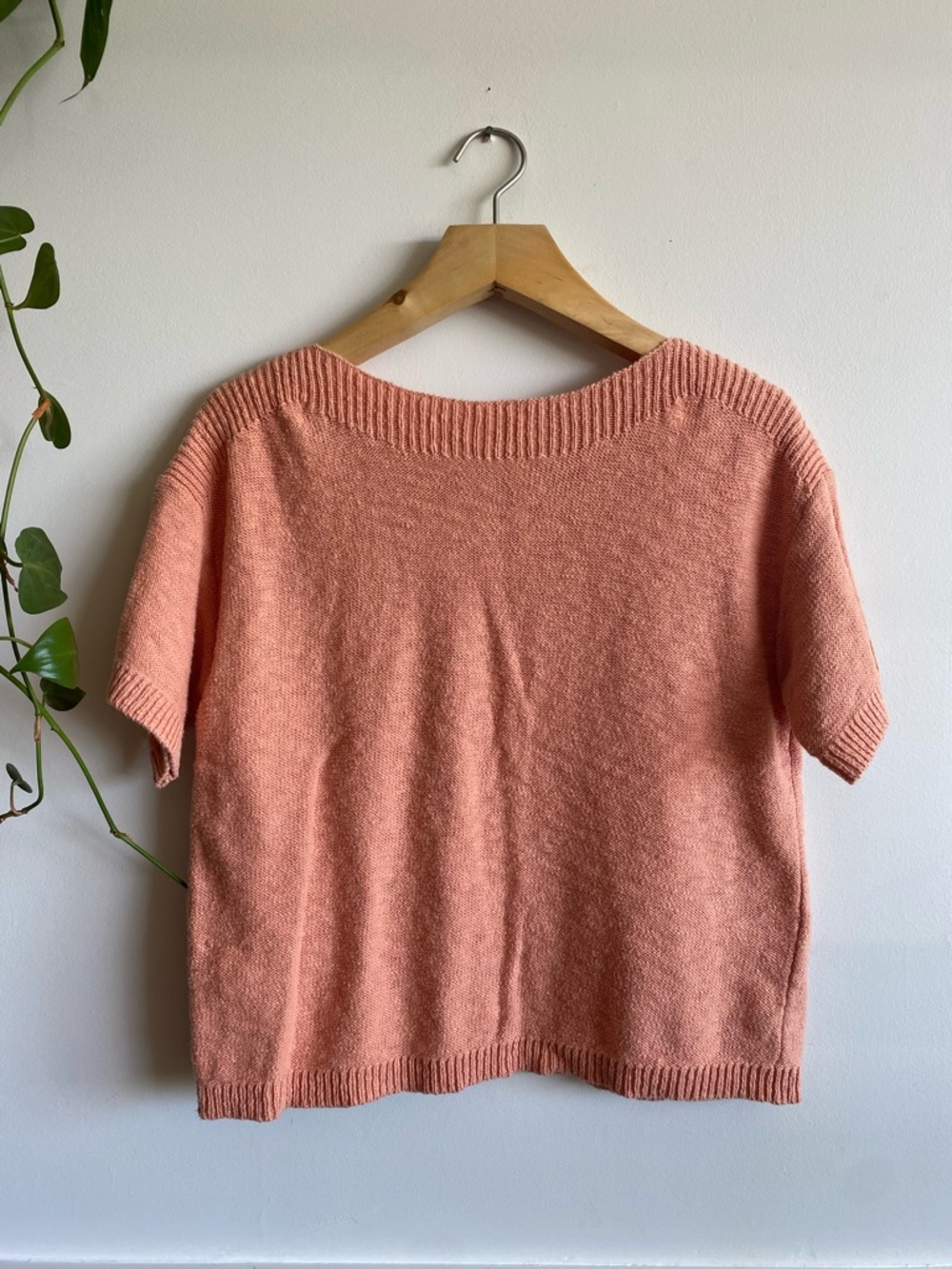 100% Cotton Peach Short Sleeve Sweater | Boat Neck Minimalist Knit M